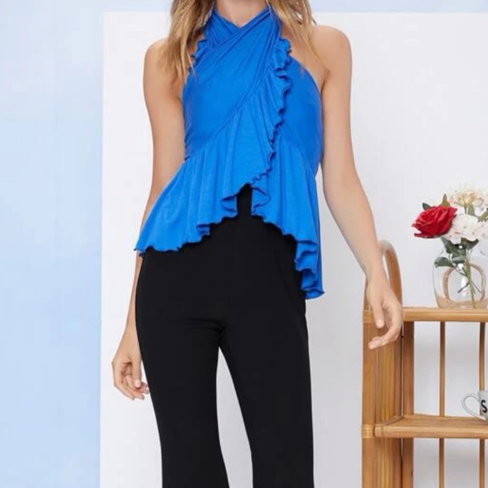 Shein Cross Wrap Front Tie Ruffle Halter Top